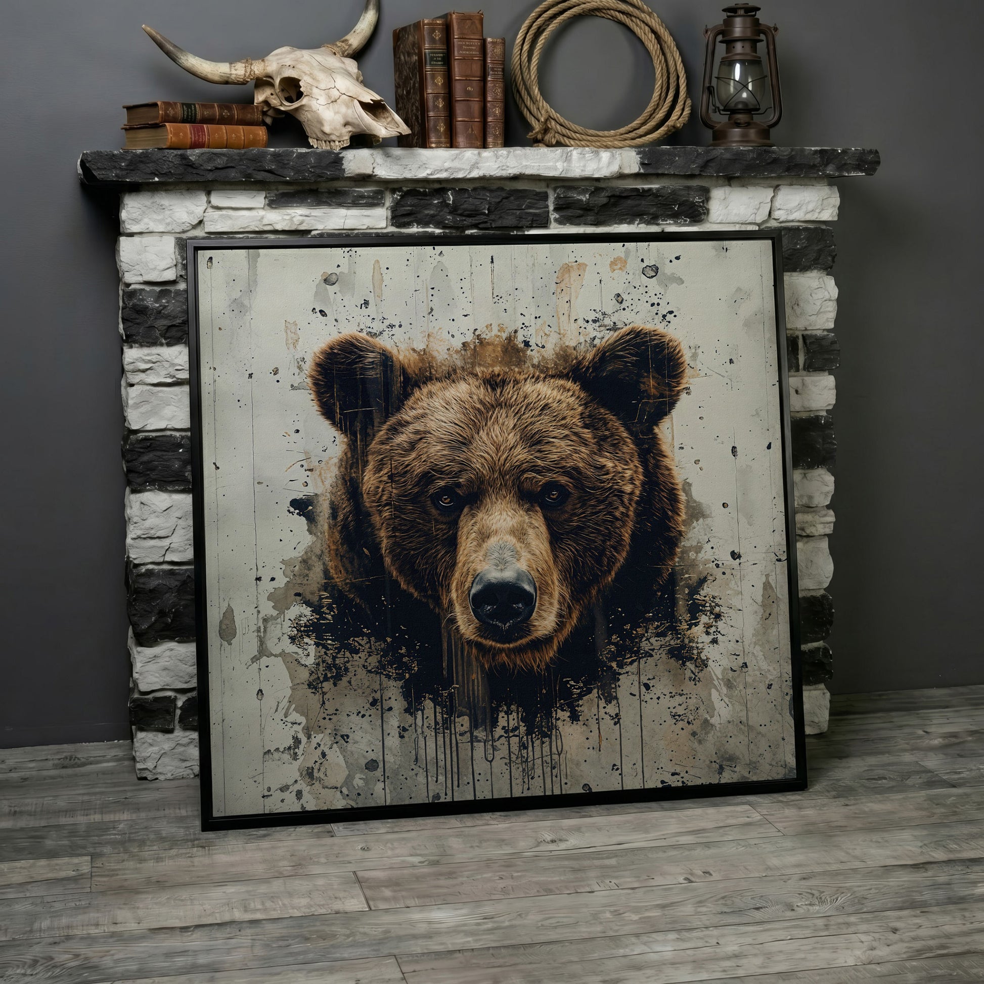 Brown Bear Face Close-Up Canvas Wall Art, Square Format in black floating frame
