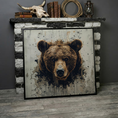 Brown Bear Face Close-Up Canvas Wall Art, Square Format in black floating frame