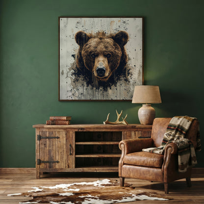 Brown Bear Face Close-Up Canvas Wall Art, Square Format in dark walnut floating frame