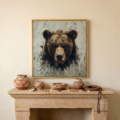 Brown Bear Face Close-Up Canvas Wall Art, Square Format in white oak floating frame