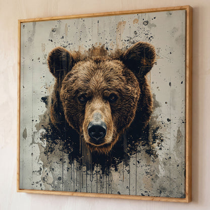 Brown Bear Face Close-Up Canvas Wall Art, Square Format shown in white oak floating frame