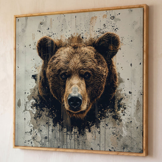 Brown Bear Face Close-Up Canvas Wall Art, Square Format shown in white oak floating frame