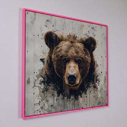 Brown Bear Face Close-Up Canvas Wall Art, Square Format in pink floating frame