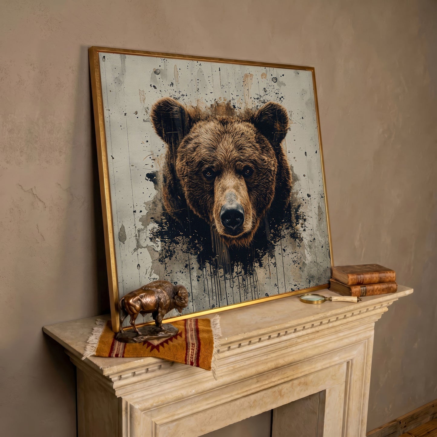 Brown Bear Face Close-Up Canvas Wall Art, Square Format in rose gold floating frame