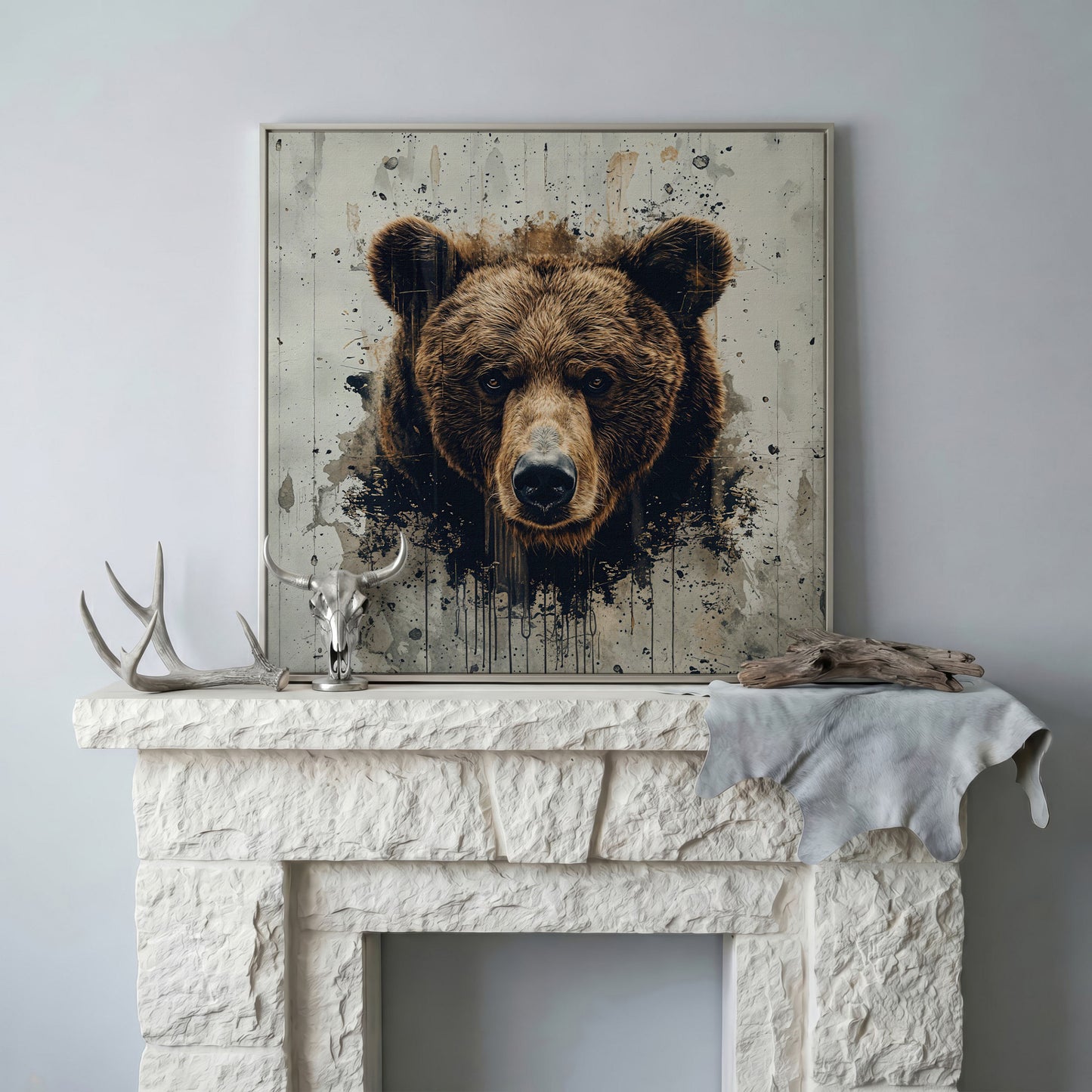 Brown Bear Face Close-Up Canvas Wall Art, Square Format in silver floating frame