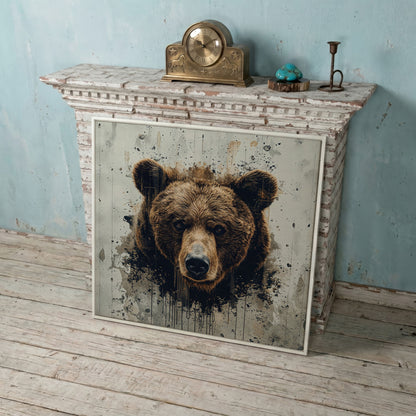 Brown Bear Face Close-Up Canvas Wall Art, Square Format in white floating frame
