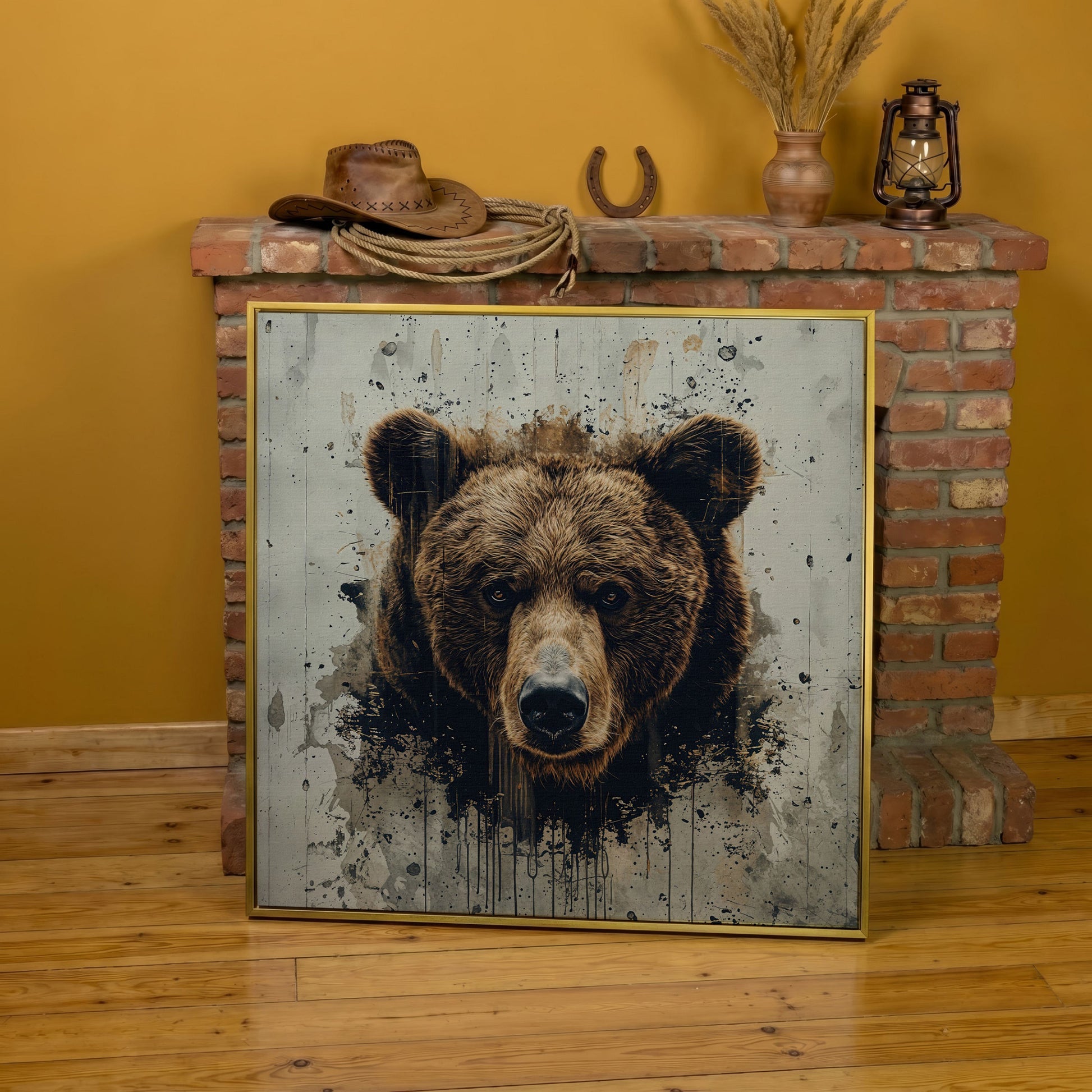 Brown Bear Face Close-Up Canvas Wall Art, Square Format in yellow gold floating frame
