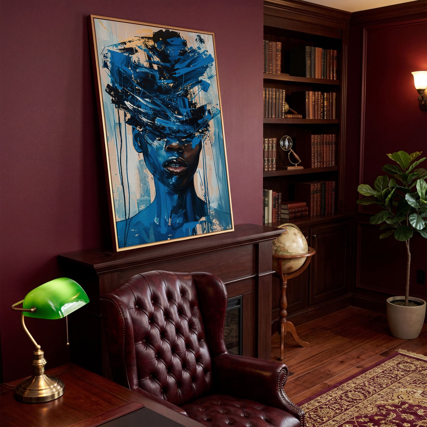 Abstract Black Woman Face Portrait Canvas Wall Art in antique gold floating frame