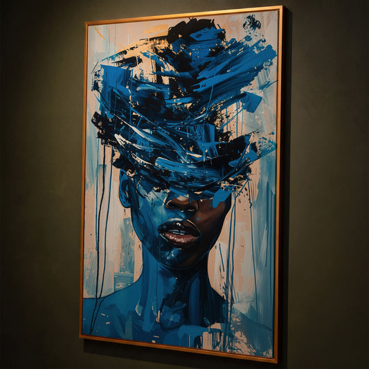 Abstract Black Woman Face Portrait Canvas Wall Art shown in antique gold floating frame