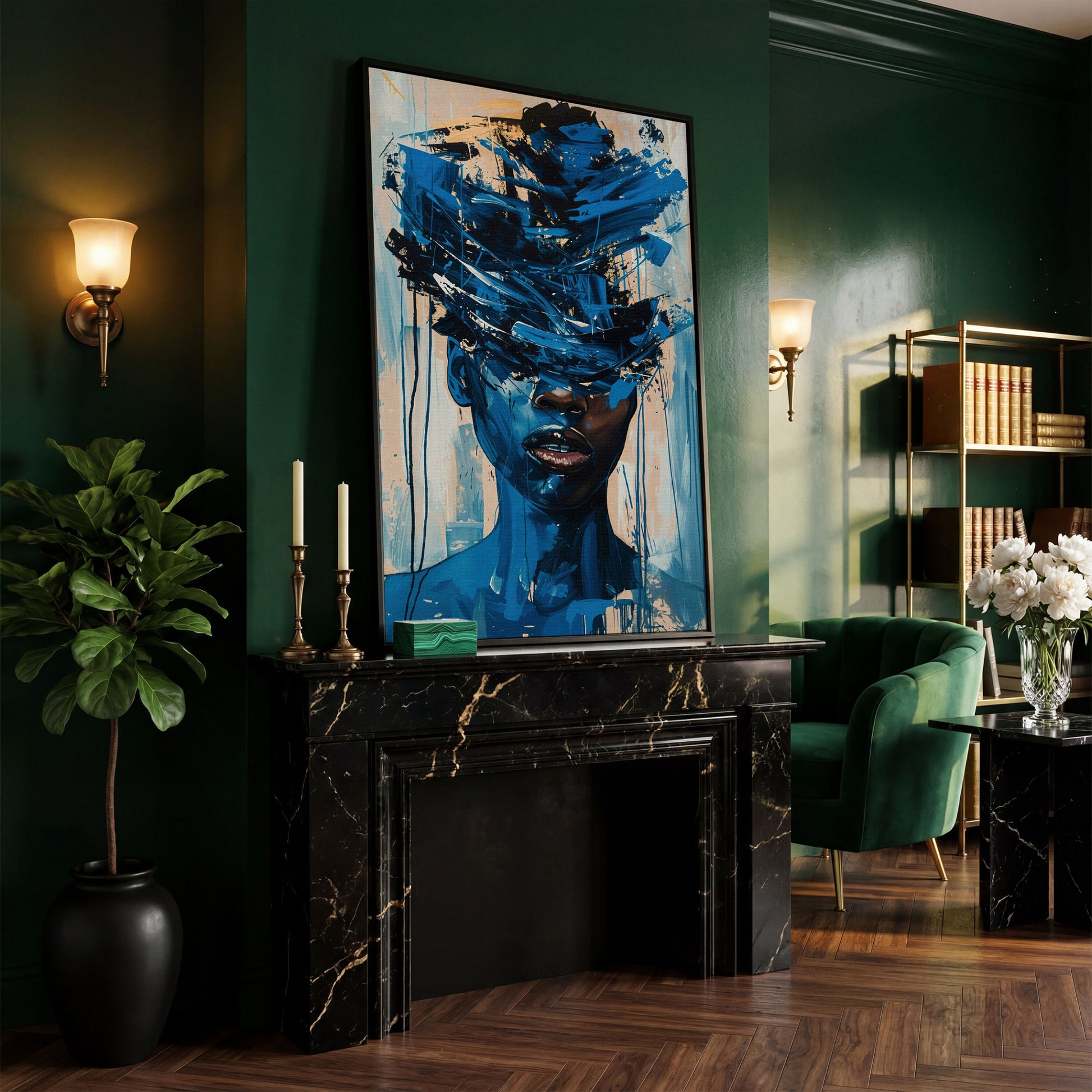 Abstract Black Woman Face Portrait Canvas Wall Art in black floating frame