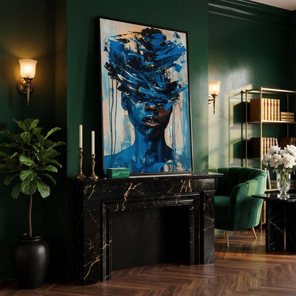Abstract Black Woman Face Portrait Canvas Wall Art in black floating frame