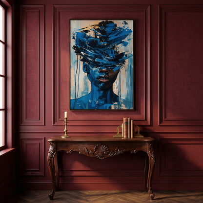 Abstract Black Woman Face Portrait Canvas Wall Art in dark walnut floating frame