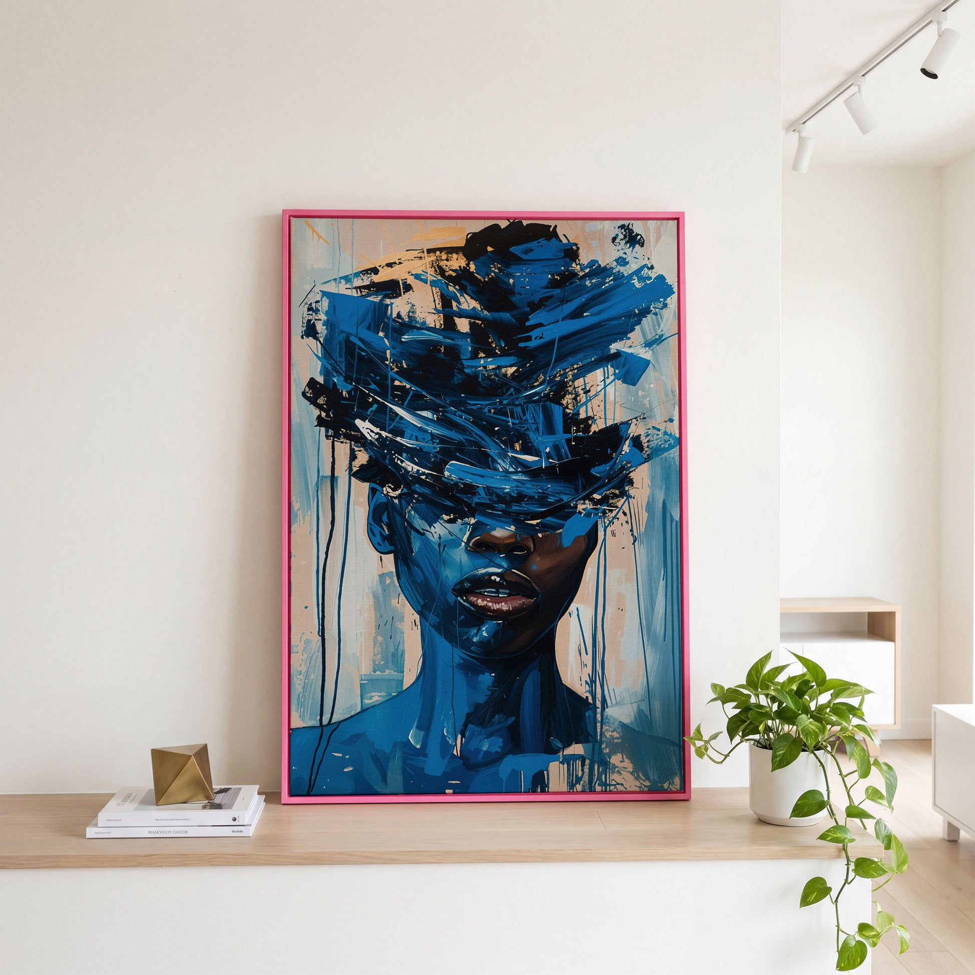 Abstract Black Woman Face Portrait Canvas Wall Art in pink floating frame