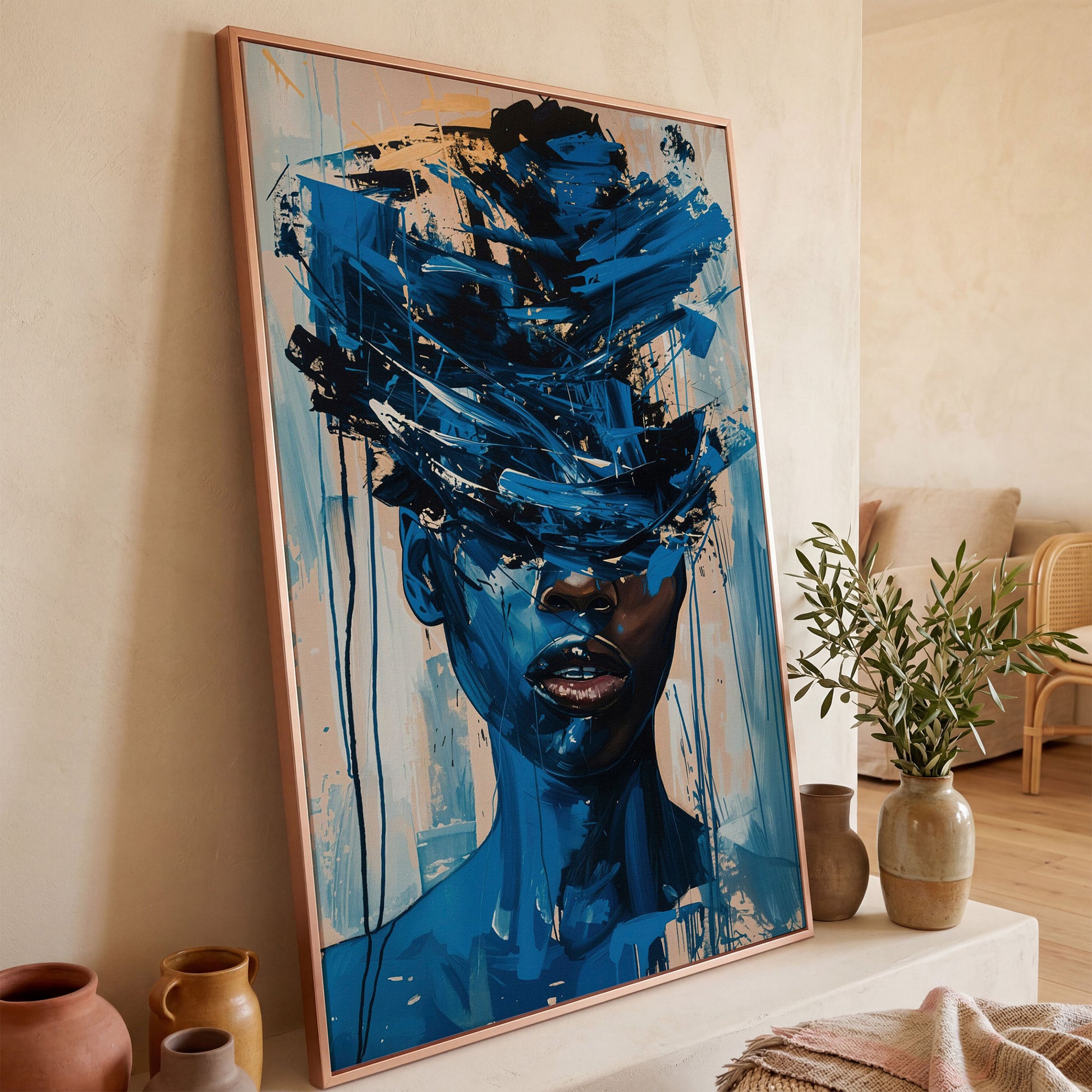 Abstract Black Woman Face Portrait Canvas Wall Art in rose gold floating frame