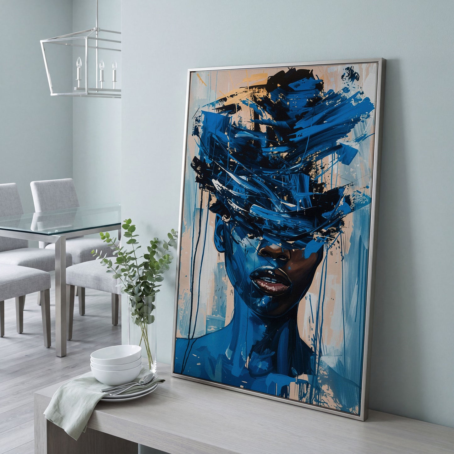 Abstract Black Woman Face Portrait Canvas Wall Art in silver floating frame