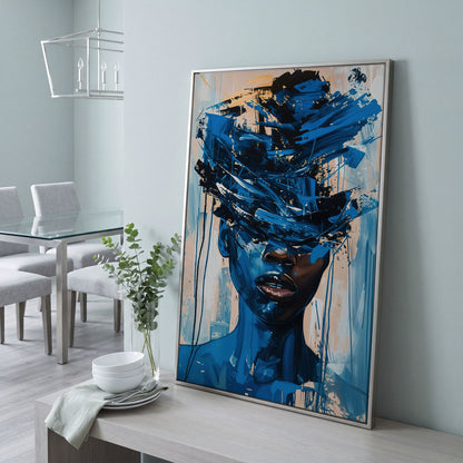 Abstract Black Woman Face Portrait Canvas Wall Art in silver floating frame