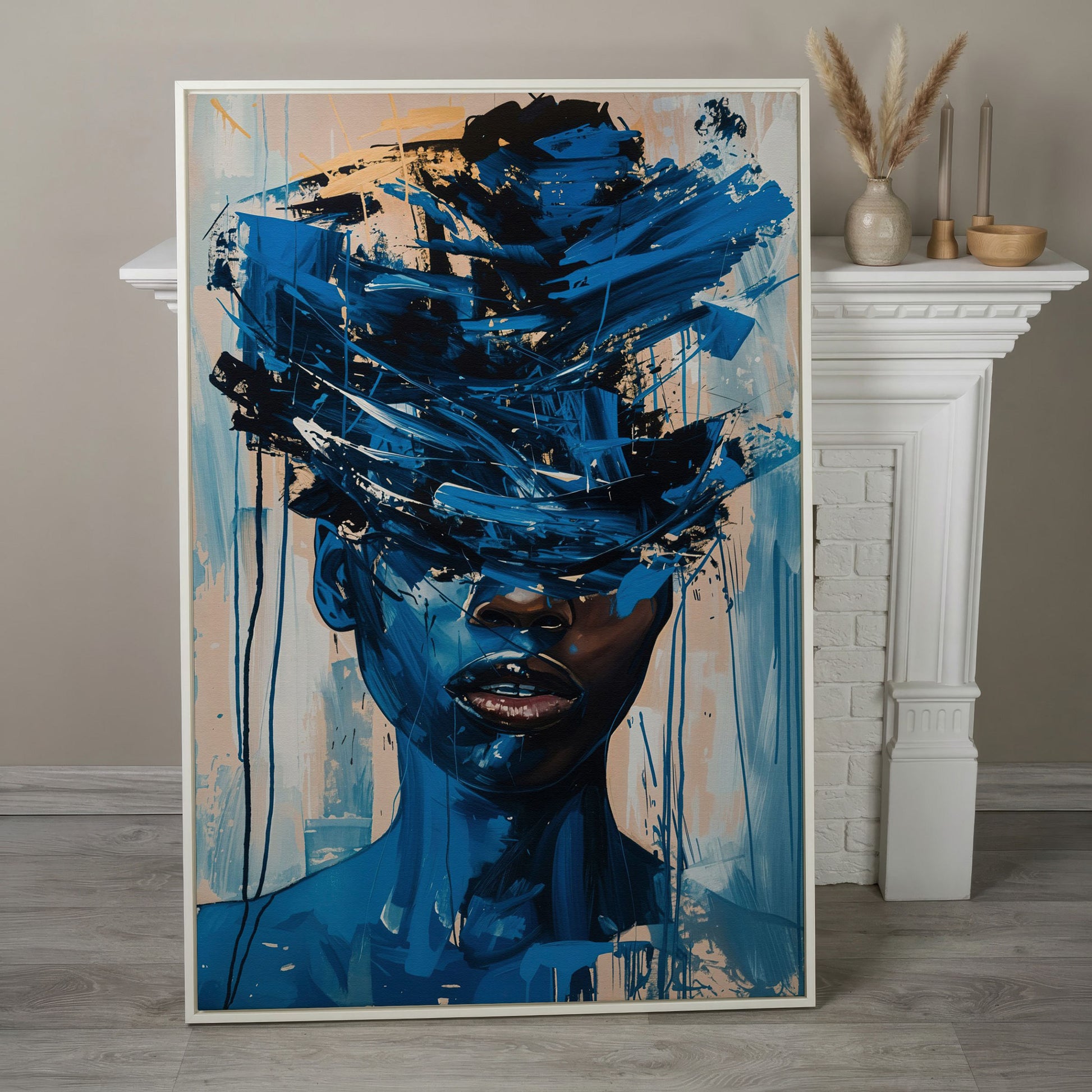 Abstract Black Woman Face Portrait Canvas Wall Art in white floating frame