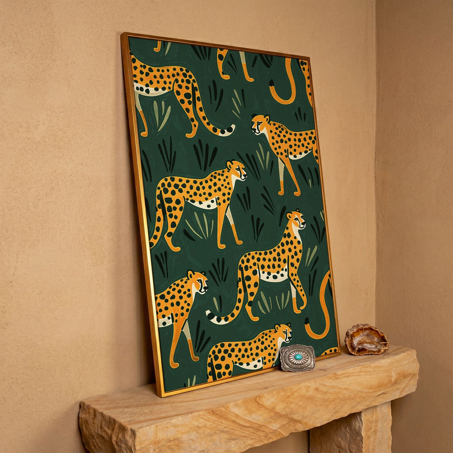 Cheetahs in the Jungle Canvas Wall Art, Repeating Safari Pattern in antique gold floating frame