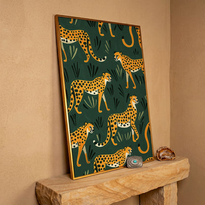 Cheetahs in the Jungle Canvas Wall Art, Repeating Safari Pattern in antique gold floating frame