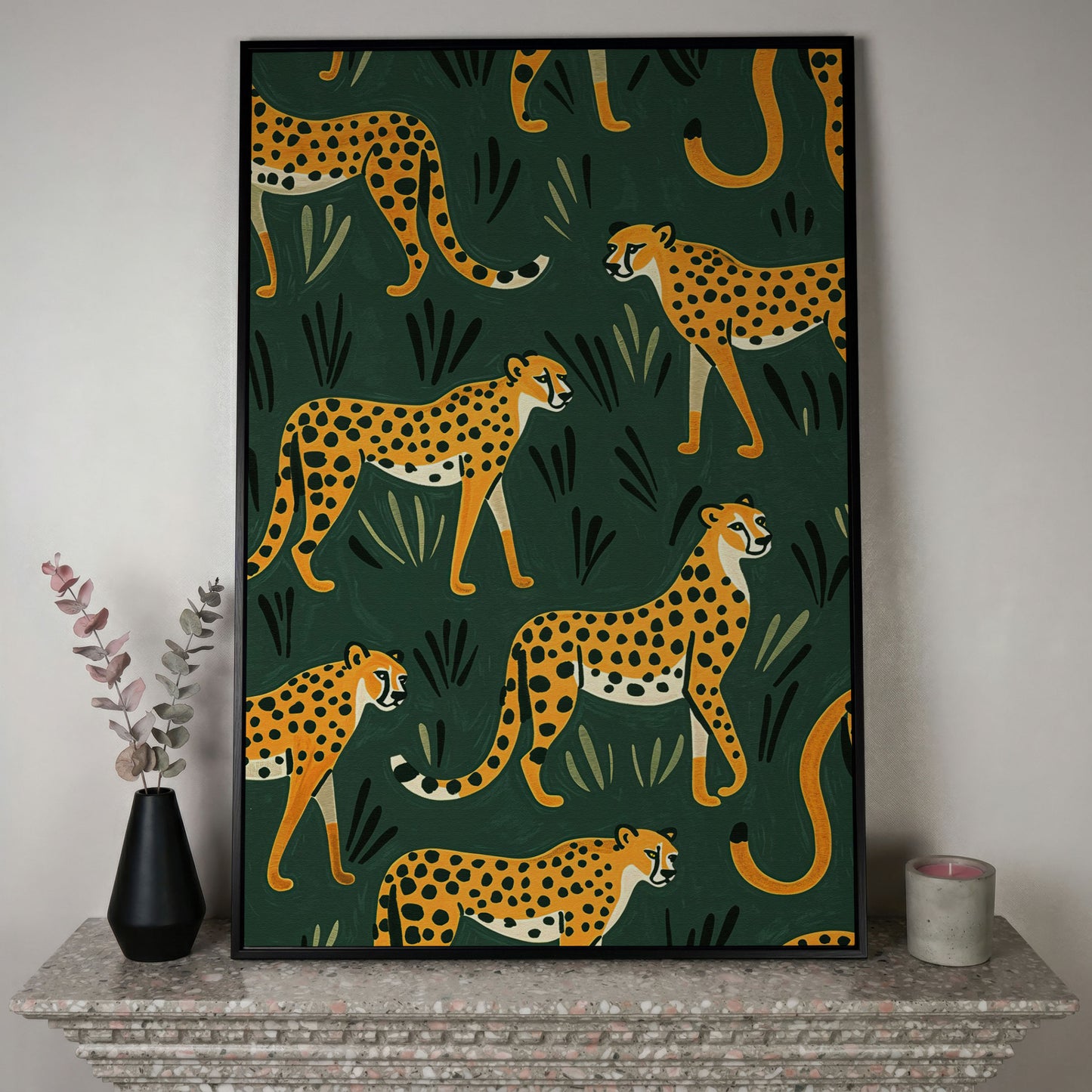 Cheetahs in the Jungle Canvas Wall Art, Repeating Safari Pattern in black floating frame