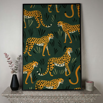 Cheetahs in the Jungle Canvas Wall Art, Repeating Safari Pattern in black floating frame