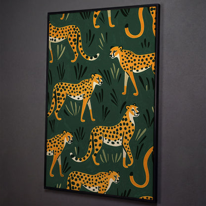 Cheetahs in the Jungle Canvas Wall Art, Repeating Safari Pattern shown in black floating frame