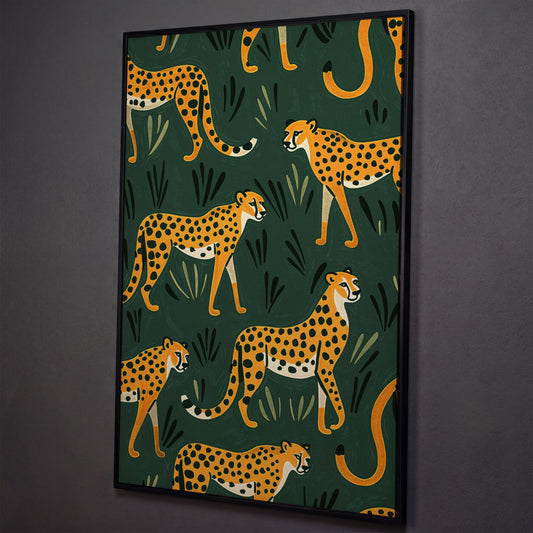 Cheetahs in the Jungle Canvas Wall Art, Repeating Safari Pattern shown in black floating frame