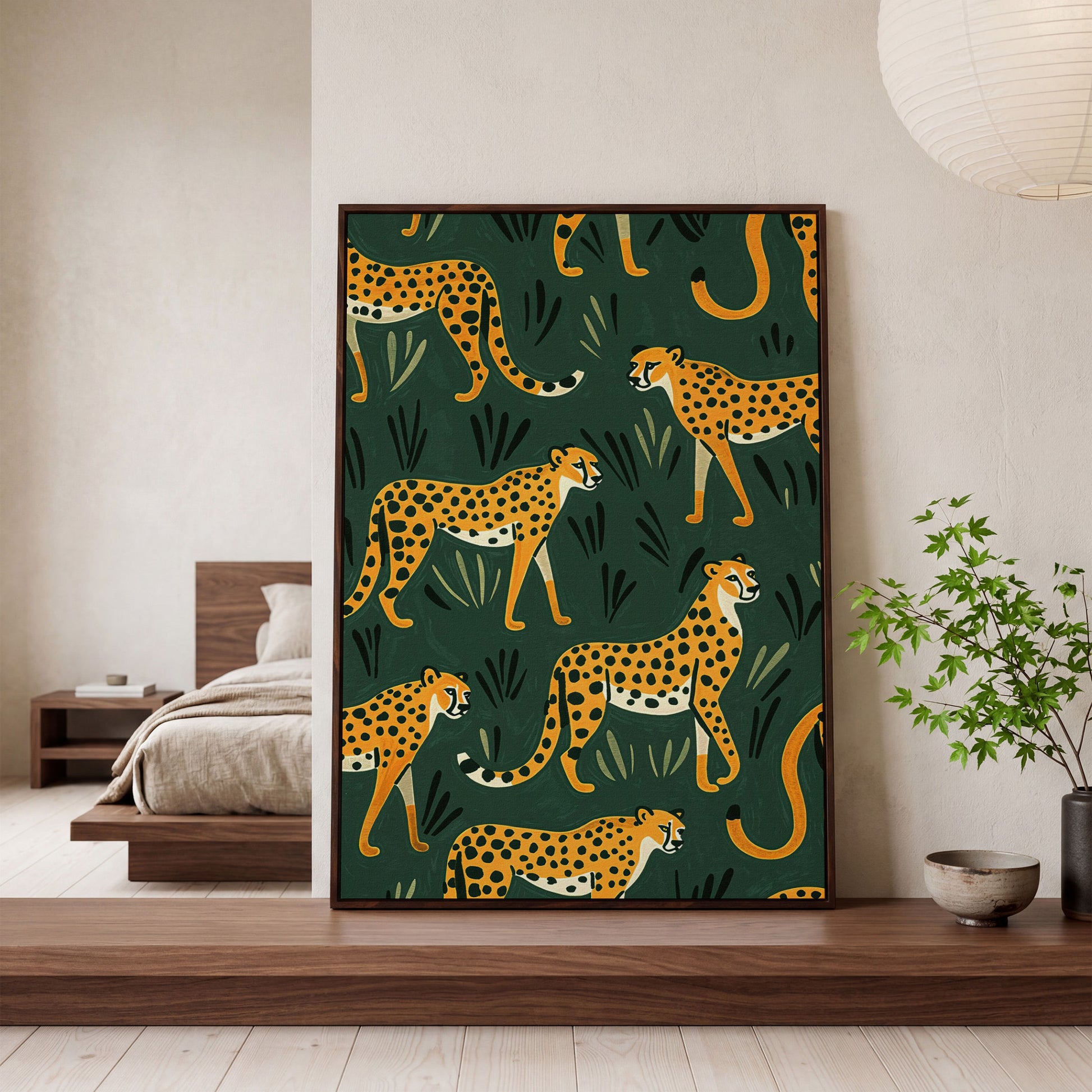 Cheetahs in the Jungle Canvas Wall Art, Repeating Safari Pattern in dark walnut floating frame