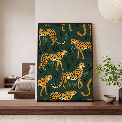 Cheetahs in the Jungle Canvas Wall Art, Repeating Safari Pattern in dark walnut floating frame