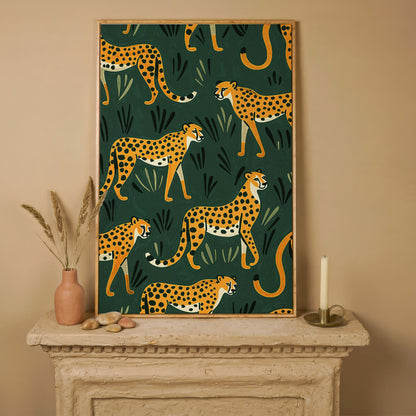 Cheetahs in the Jungle Canvas Wall Art, Repeating Safari Pattern in white oak floating frame