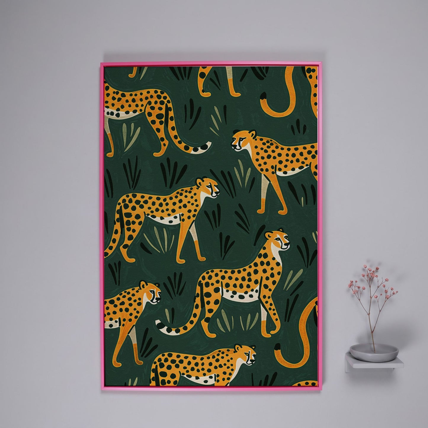 Cheetahs in the Jungle Canvas Wall Art, Repeating Safari Pattern in pink floating frame