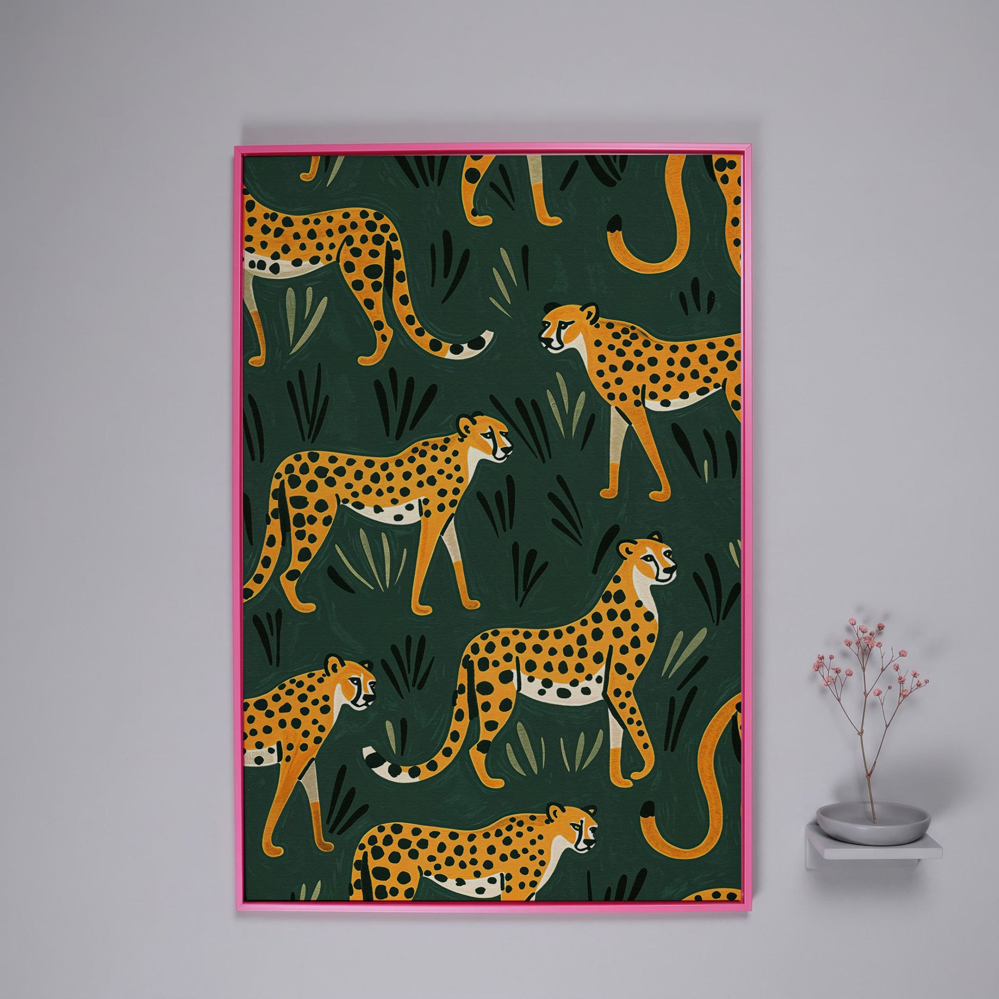 Cheetahs in the Jungle Canvas Wall Art, Repeating Safari Pattern in pink floating frame
