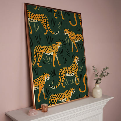 Cheetahs in the Jungle Canvas Wall Art, Repeating Safari Pattern in rose gold floating frame