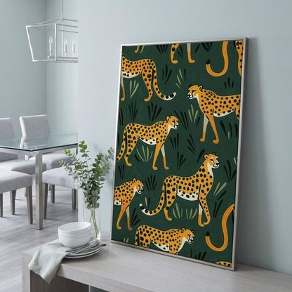 Cheetahs in the Jungle Canvas Wall Art, Repeating Safari Pattern in silver floating frame