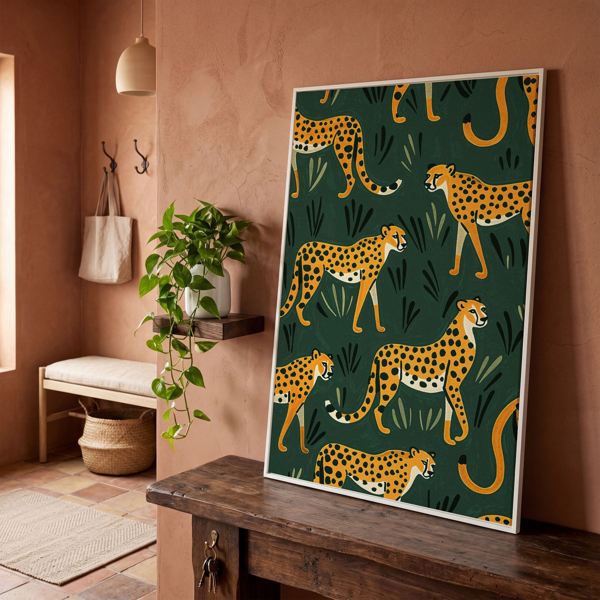 Cheetahs in the Jungle Canvas Wall Art, Repeating Safari Pattern in white floating frame