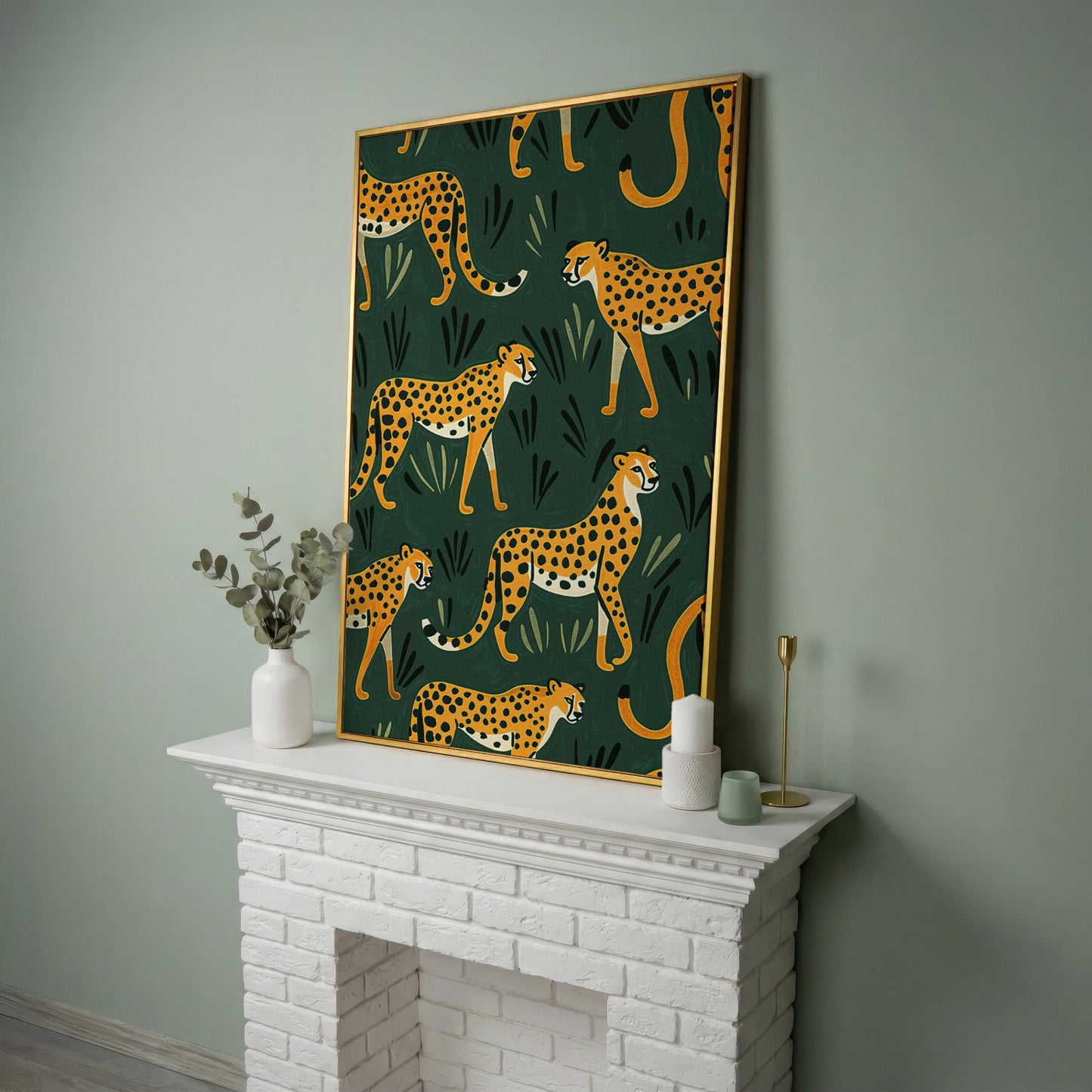 Cheetahs in the Jungle Canvas Wall Art, Repeating Safari Pattern in yellow gold floating frame