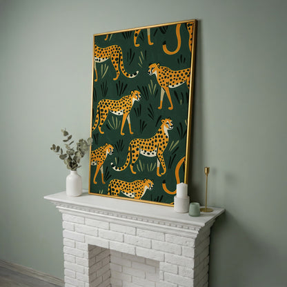 Cheetahs in the Jungle Canvas Wall Art, Repeating Safari Pattern in yellow gold floating frame