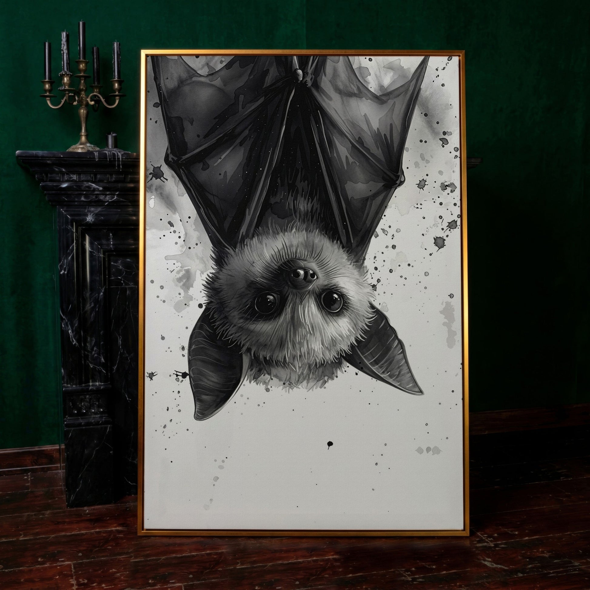 Bat Canvas Print for Nursery Walls in antique gold floating frame