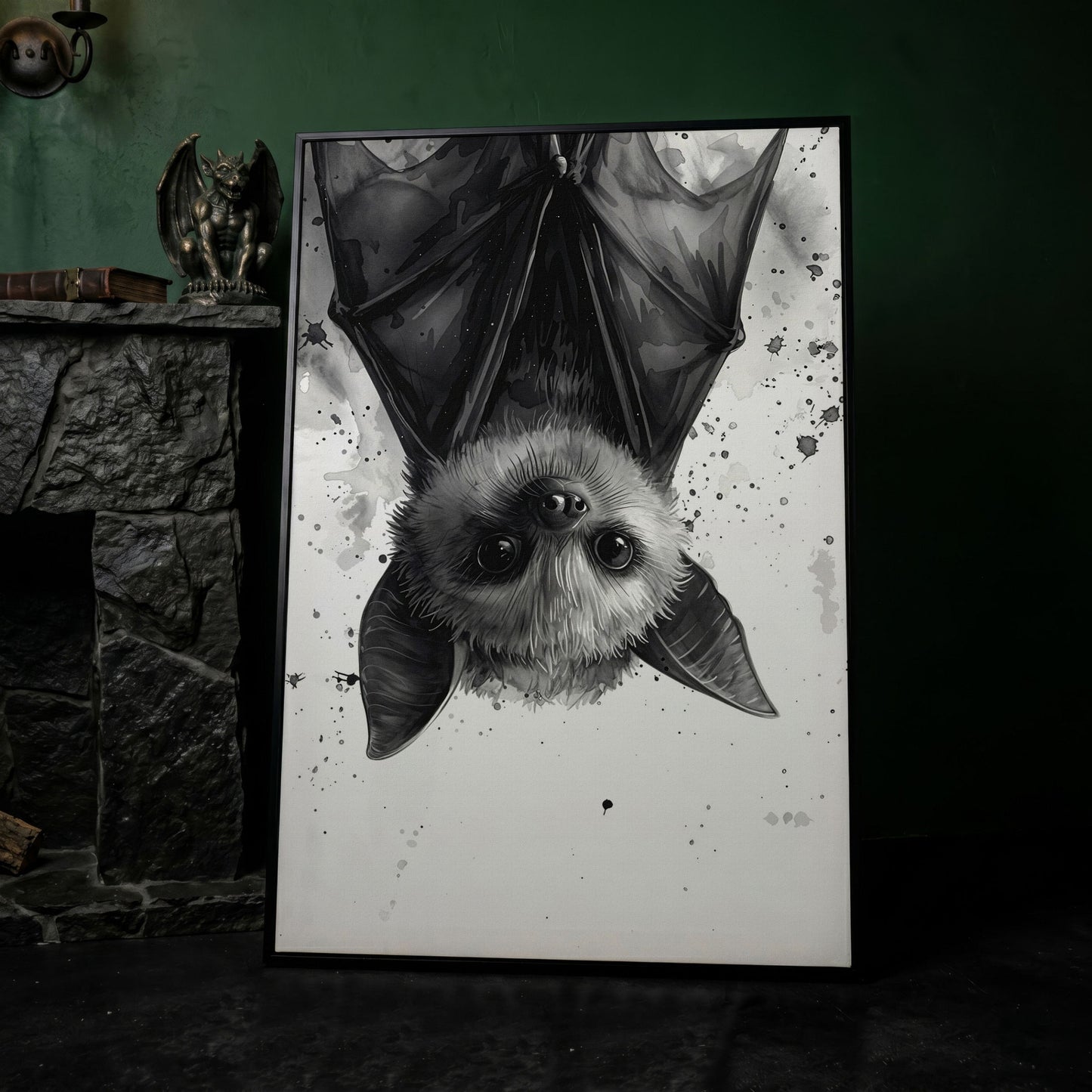 Bat Canvas Print for Nursery Walls in black floating frame