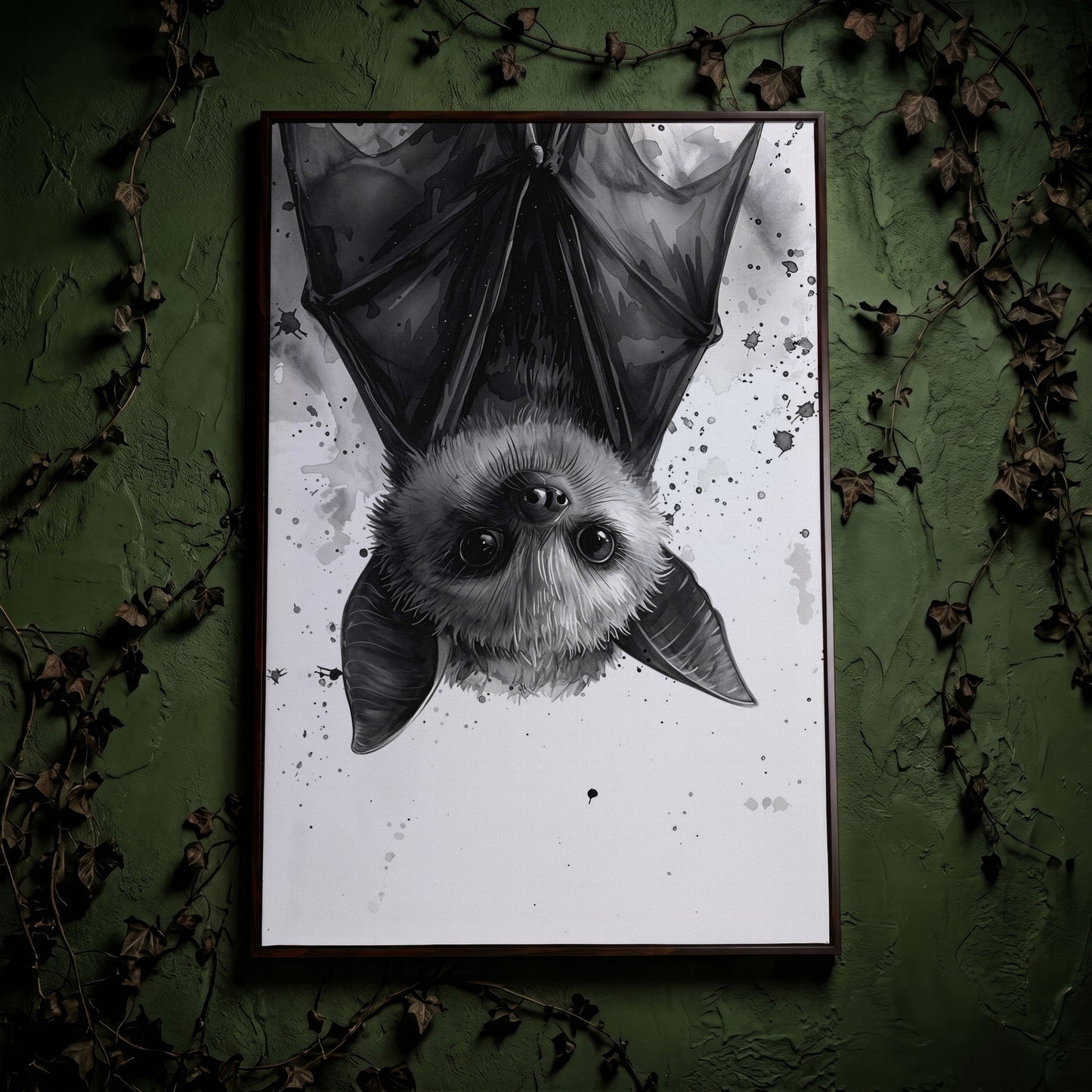 Bat Canvas Print for Nursery Walls in dark walnut floating frame