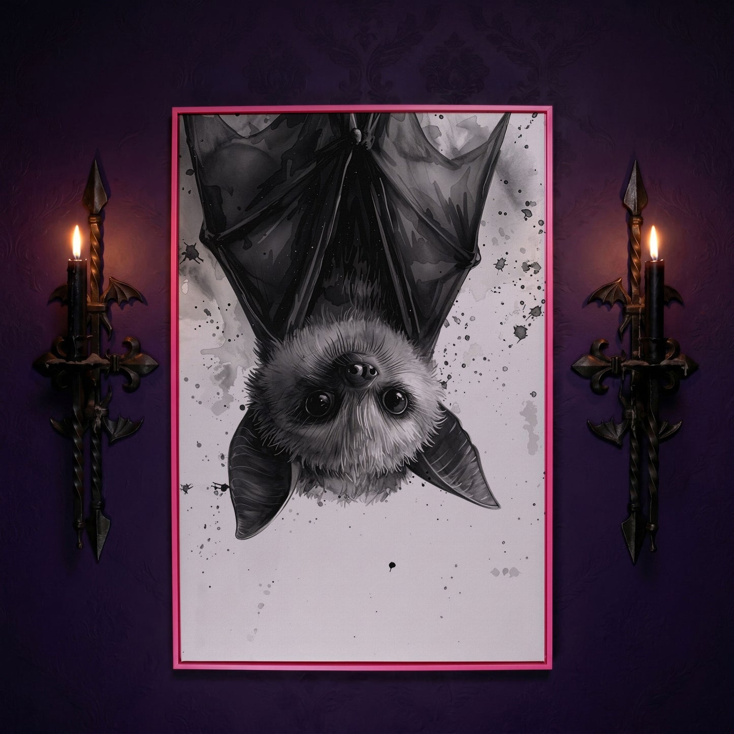 Bat Canvas Print for Nursery Walls in pink floating frame