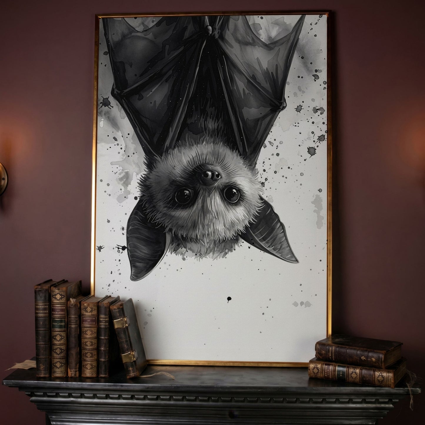 Bat Canvas Print for Nursery Walls in rose gold floating frame