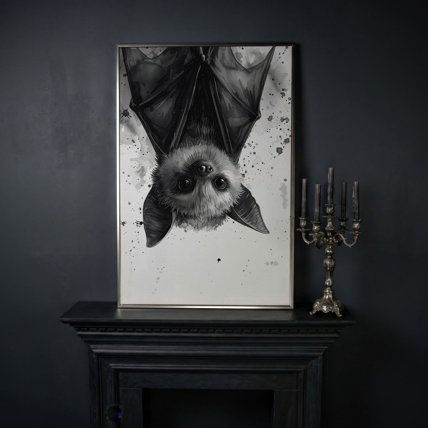 Bat Canvas Print for Nursery Walls in silver floating frame