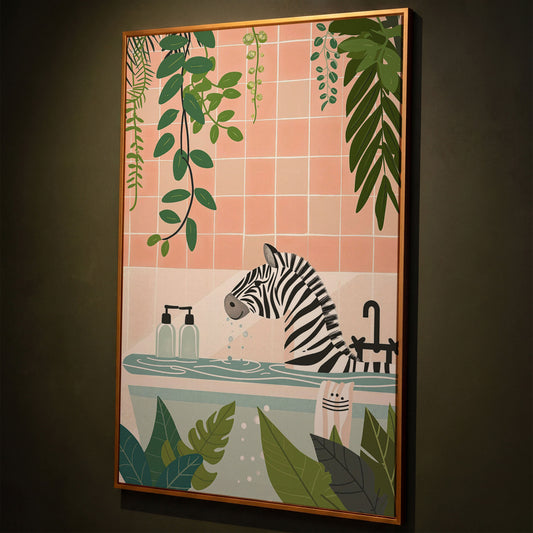 Zebra in Bathtub with Tropical Leaves Canvas Print shown in antique gold floating frame