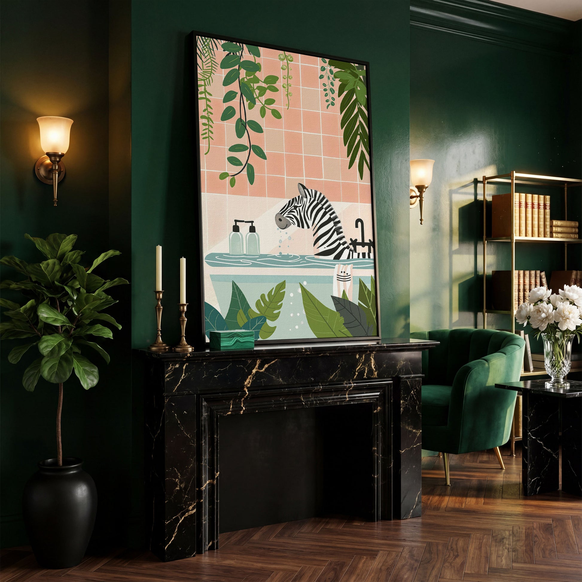 Zebra in Bathtub with Tropical Leaves Canvas Print in black floating frame