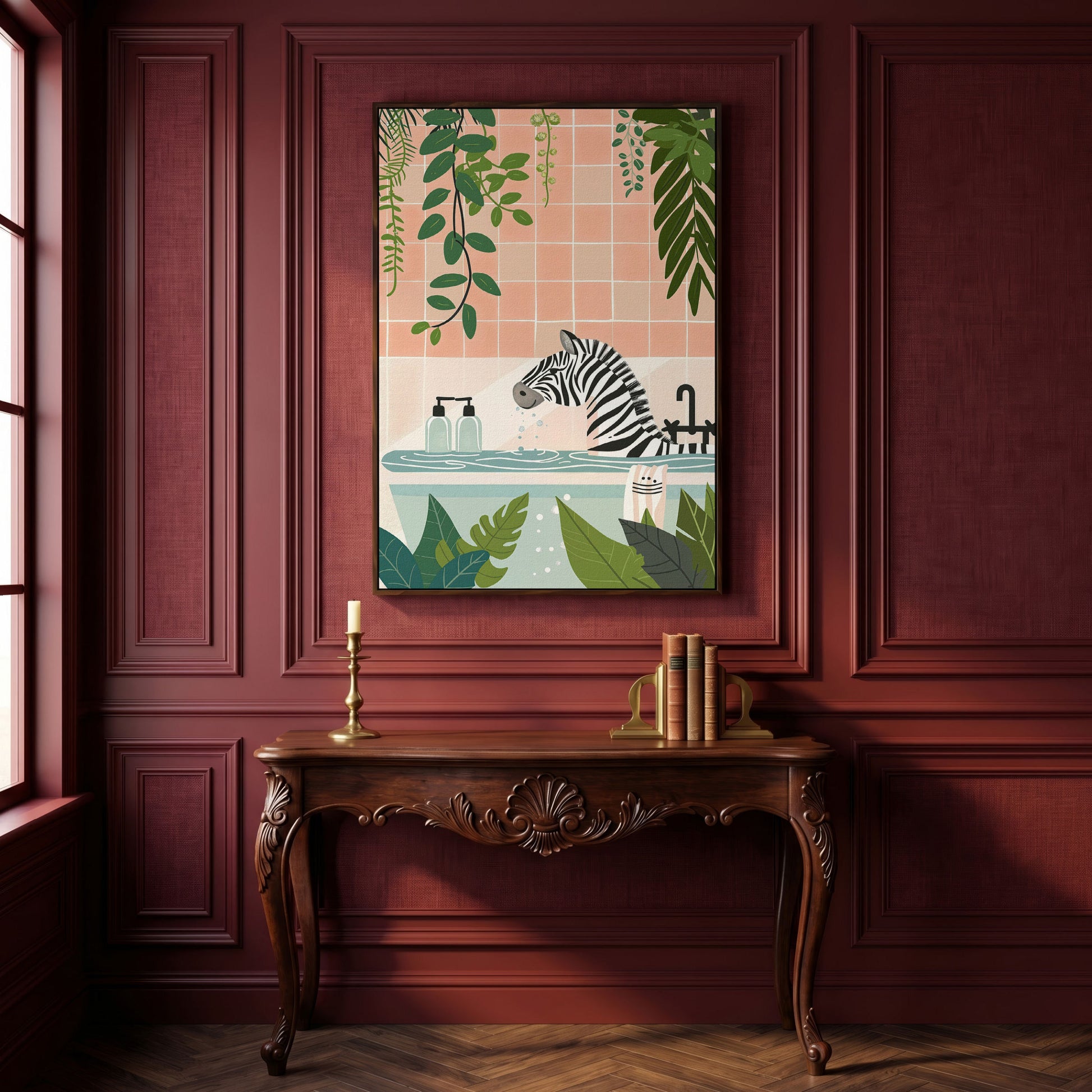 Zebra in Bathtub with Tropical Leaves Canvas Print in dark walnut floating frame