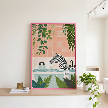 Zebra in Bathtub with Tropical Leaves Canvas Print in pink floating frame