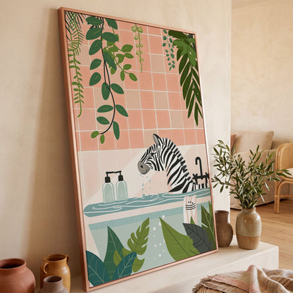 Zebra in Bathtub with Tropical Leaves Canvas Print in rose gold floating frame