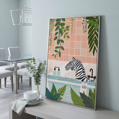 Zebra in Bathtub with Tropical Leaves Canvas Print in silver floating frame