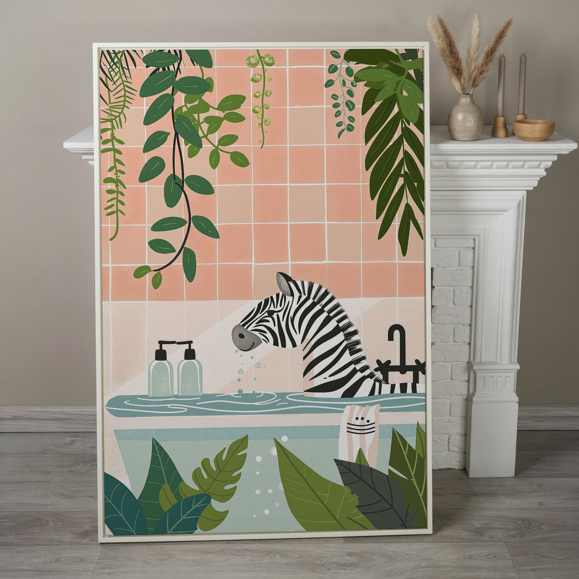Zebra in Bathtub with Tropical Leaves Canvas Print in white floating frame
